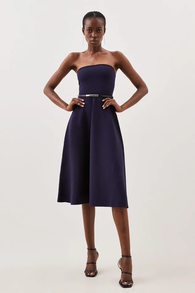 Premium Viscose Blend Body Contouring Belted Full Skirt Bandeau Knit Dress Navy Women Karen Millen Dresses Premium Viscose Blend Body Contouring Belted Full Skirt Bandeau Knit Dress Navy Women Karen Millen Dresses