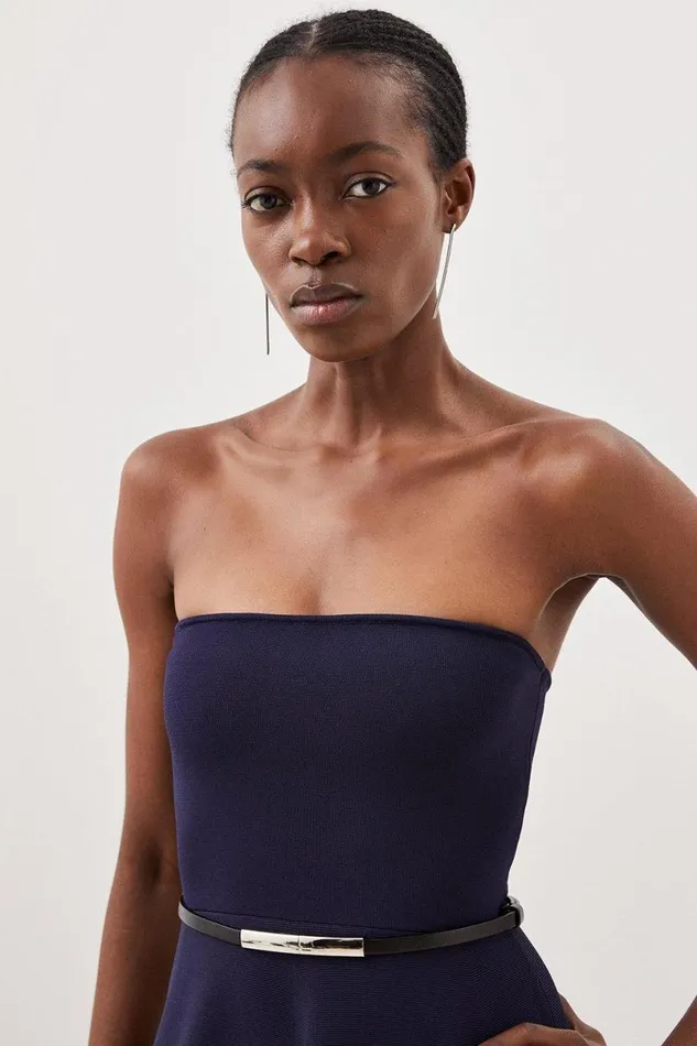 Premium Viscose Blend Body Contouring Belted Full Skirt Bandeau Knit Dress Navy Women Karen Millen Dresses