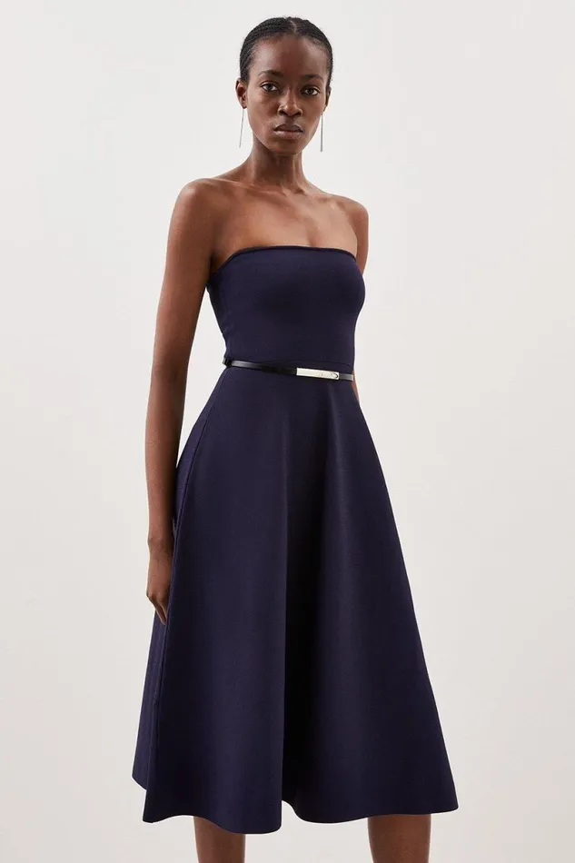 Premium Viscose Blend Body Contouring Belted Full Skirt Bandeau Knit Dress Navy Women Karen Millen Dresses