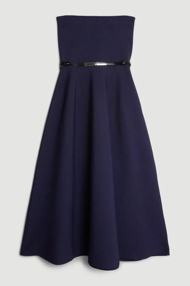 Premium Viscose Blend Body Contouring Belted Full Skirt Bandeau Knit Dress Navy Women Karen Millen Dresses