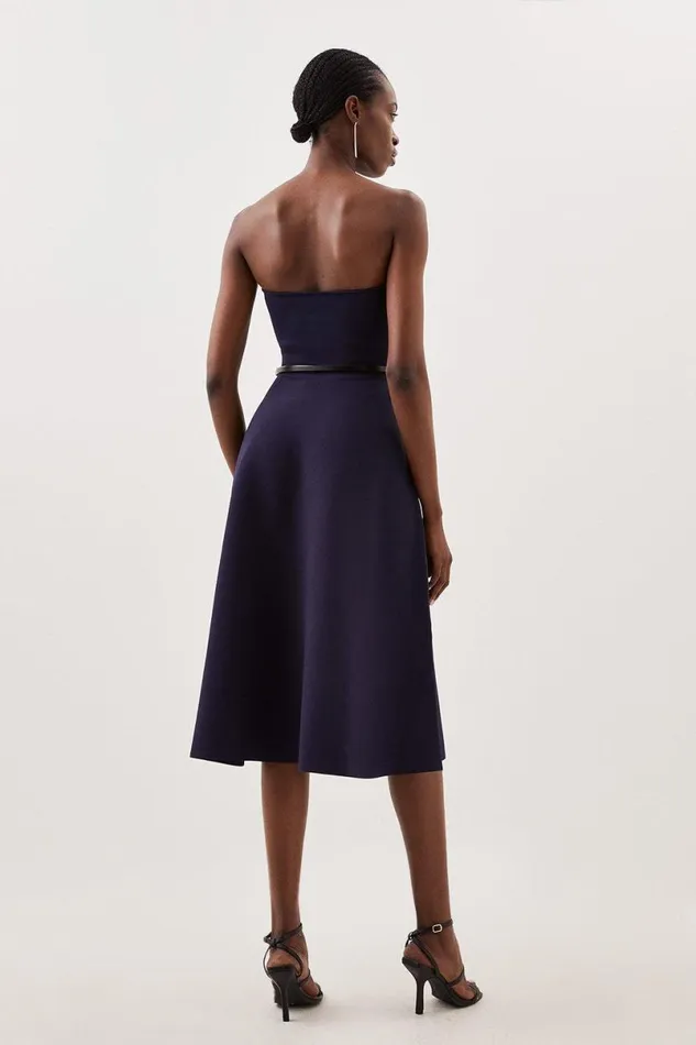 Premium Viscose Blend Body Contouring Belted Full Skirt Bandeau Knit Dress Navy Women Karen Millen Dresses