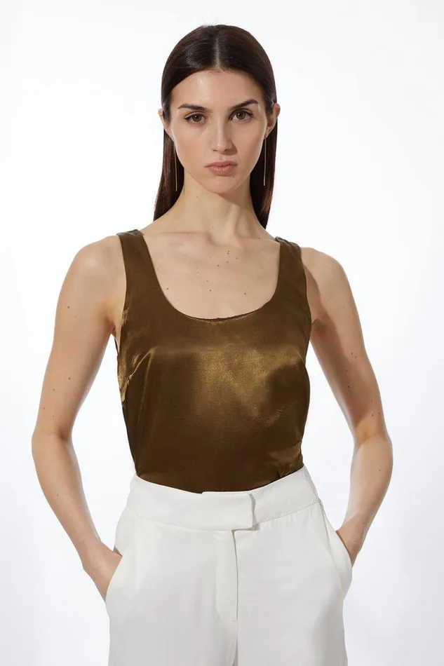 Premium Viscose Satin Woven Cami Top Khaki Women Karen Millen Tops