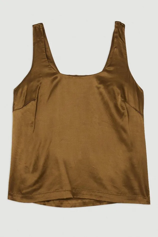 Premium Viscose Satin Woven Cami Top Khaki Women Karen Millen Tops