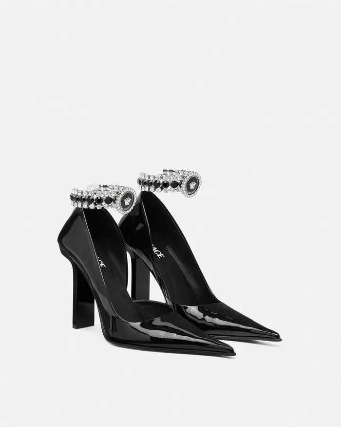 Pumps and Slingbacks Women Versace Slice Patent Pumps 105 Mm Blacksilver