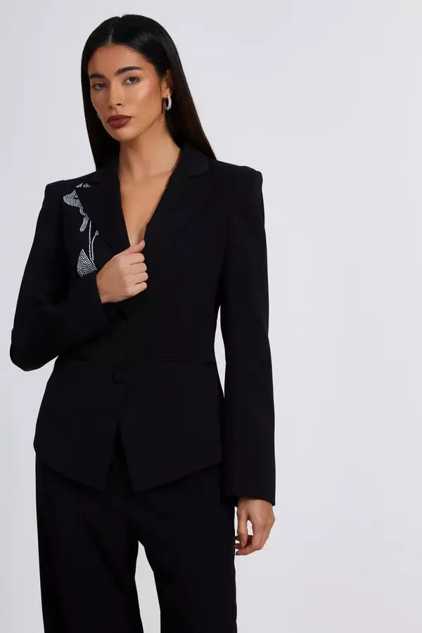Quiz Clothing Blazers Black Woven Embellished Tailored Blazer 8211 Women