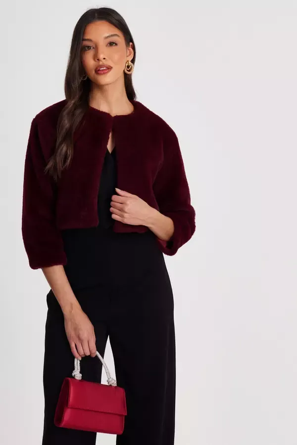 Quiz Clothing Capes and Ponchos Dark Red Faux Fur Long Sleeve Cape 8211 Women
