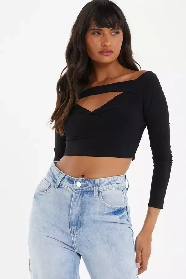Quiz Clothing Casual Clothing Black Bardot Cut Out Crop Top 8211 Women