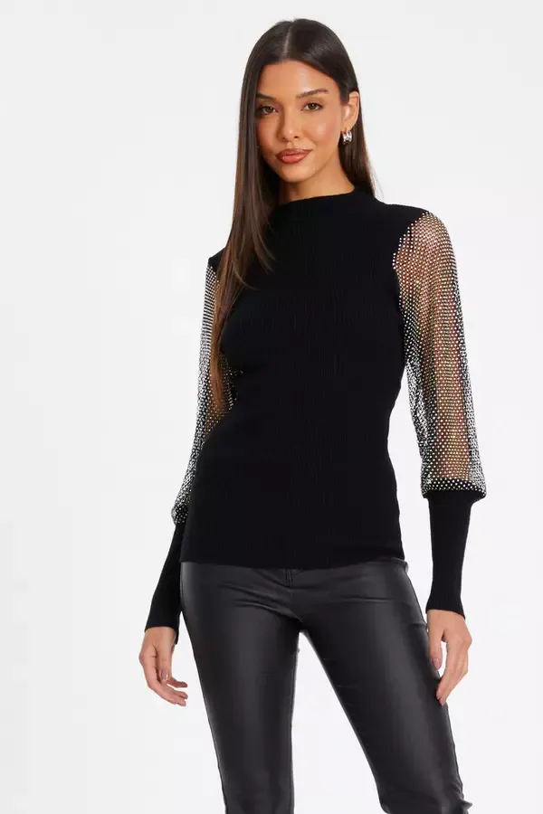 Quiz Clothing Casual Clothing Black Knit Diamante Sleeve Jumper 8211 Women