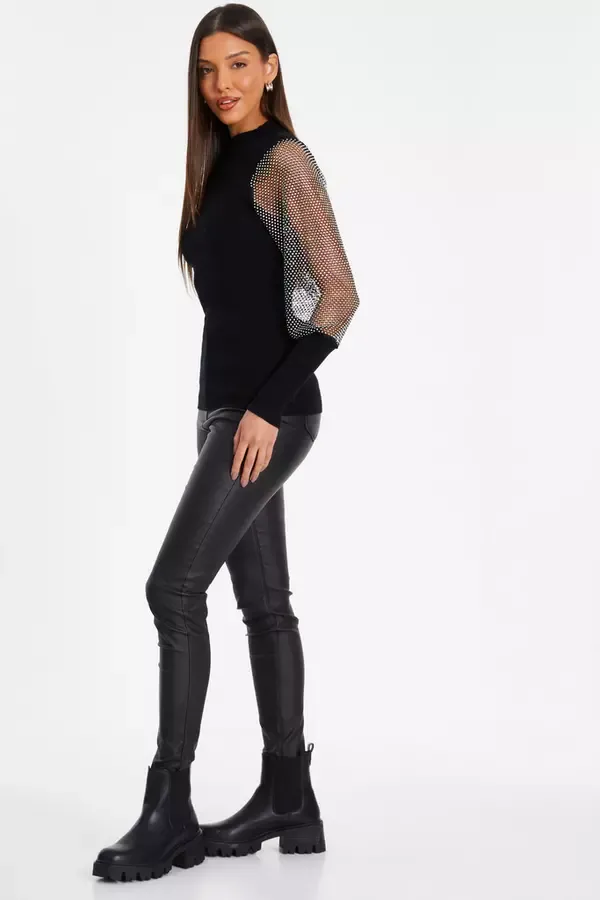 Quiz Clothing Casual Clothing Black Knit Diamante Sleeve Jumper 8211 Women