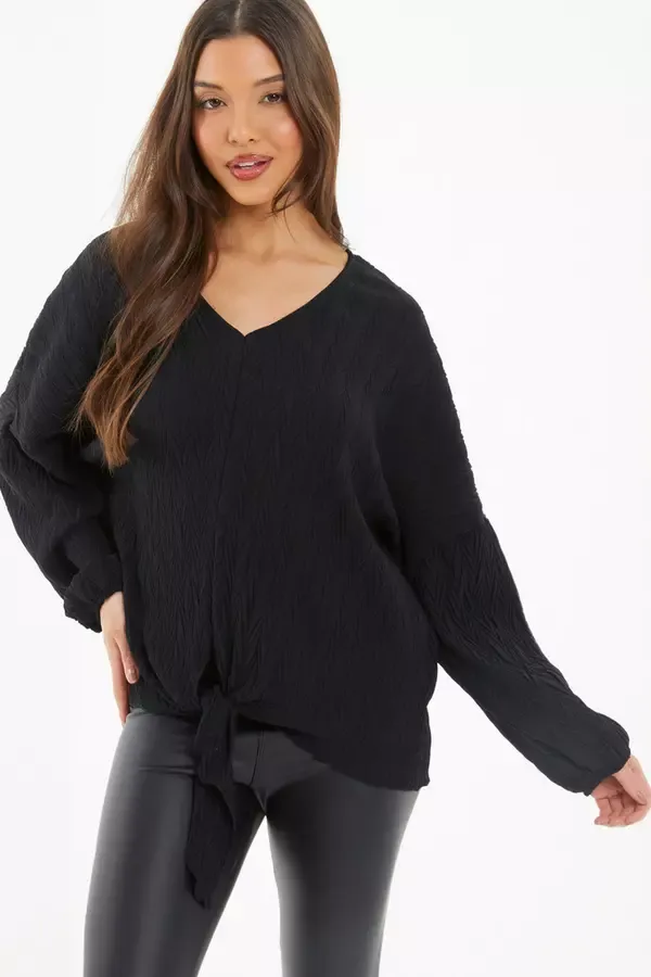 Quiz Clothing Casual Clothing Black Textured Tie Front Long Sleeve Top 8211 Women
