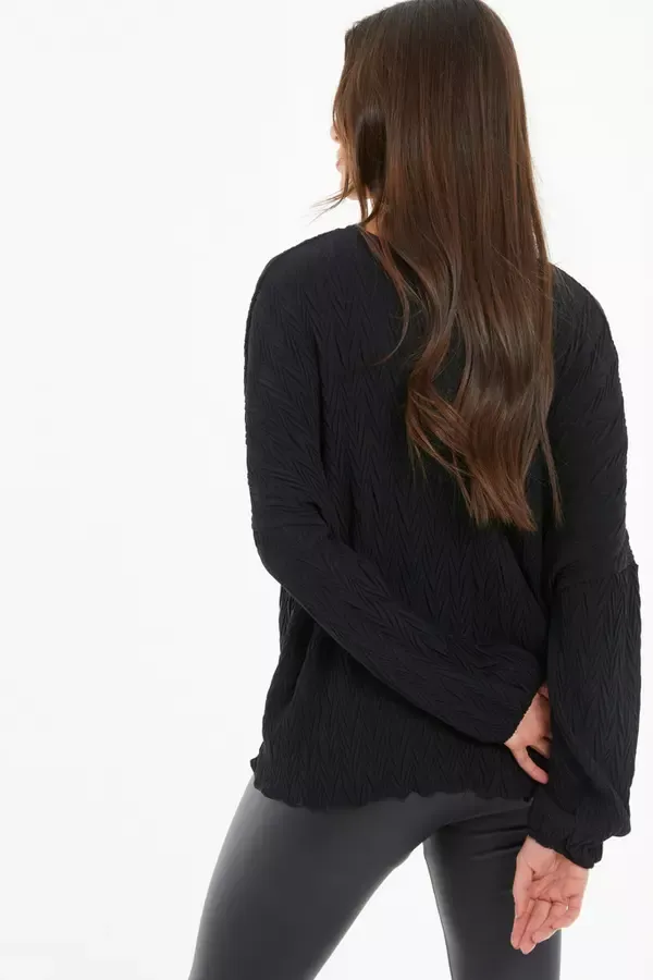 Quiz Clothing Casual Clothing Black Textured Tie Front Long Sleeve Top 8211 Women