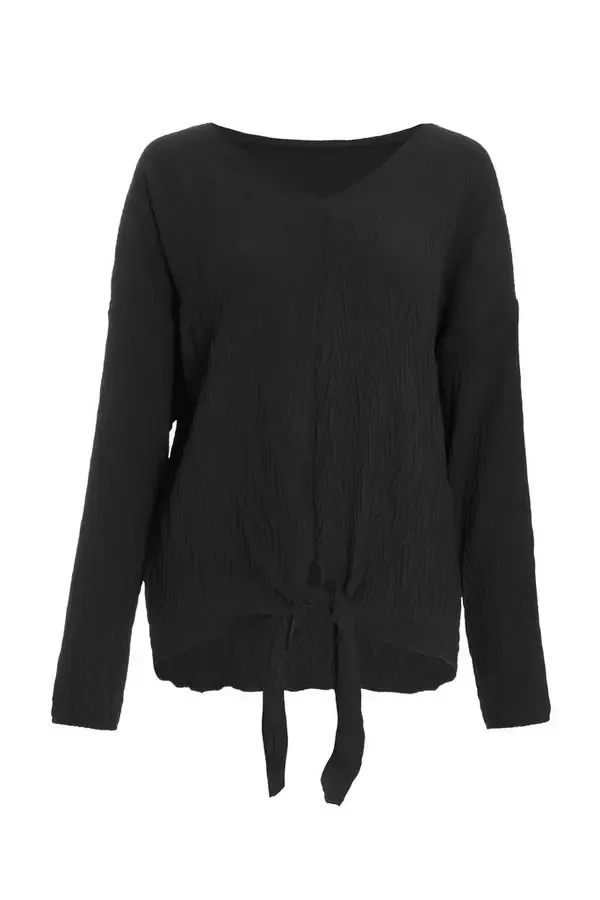 Quiz Clothing Casual Clothing Black Textured Tie Front Long Sleeve Top 8211 Women