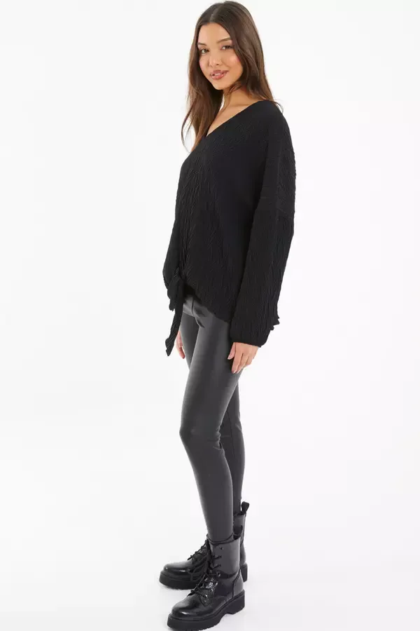 Quiz Clothing Casual Clothing Black Textured Tie Front Long Sleeve Top 8211 Women