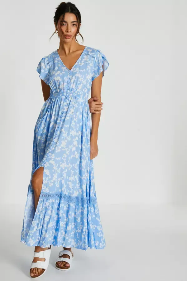 Quiz Clothing Casual Clothing Blue Ditsy Floral Crochet Trim Maxi Dress 8211 Women