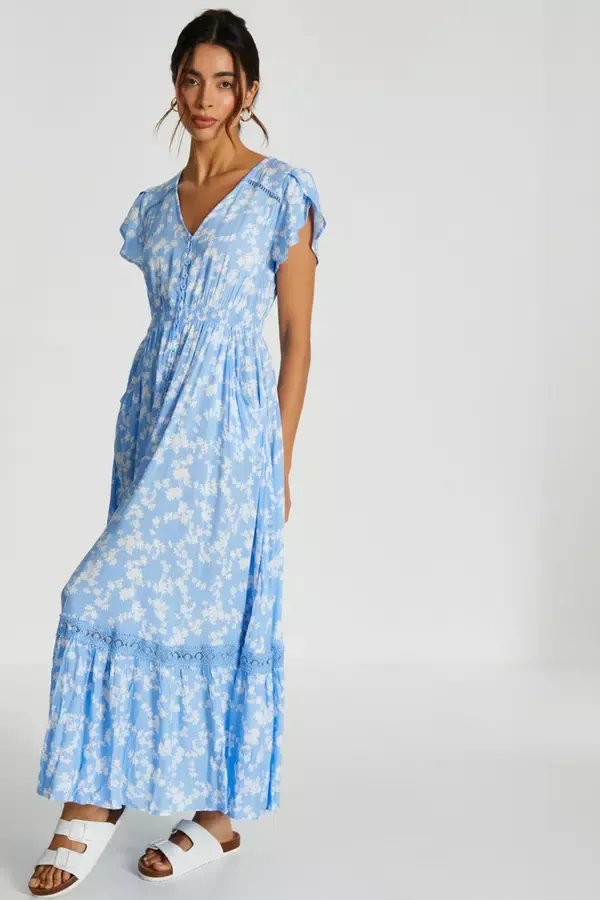 Quiz Clothing Casual Clothing Blue Ditsy Floral Crochet Trim Maxi Dress 8211 Women