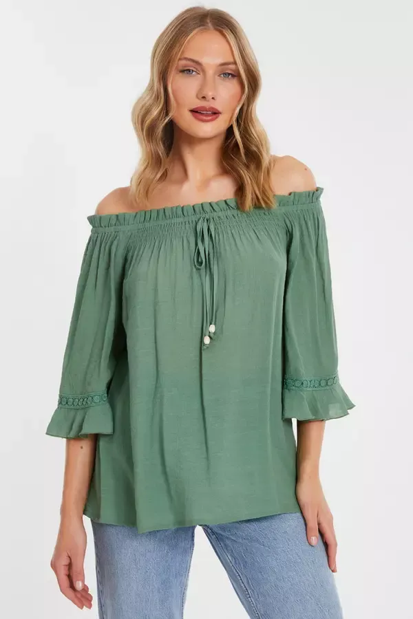 Quiz Clothing Casual Clothing Khaki Textured Bardot Top 8211 Women