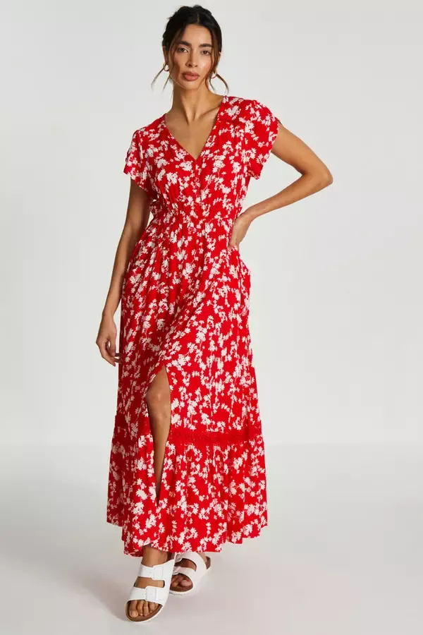 Quiz Clothing Casual Clothing Red Ditsy Floral Crochet Trim Maxi Dress 8211 Women