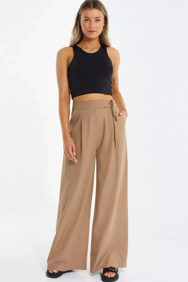 Quiz Clothing Casual Clothing Stone High Waisted Wide Leg Trousers 8211 Women