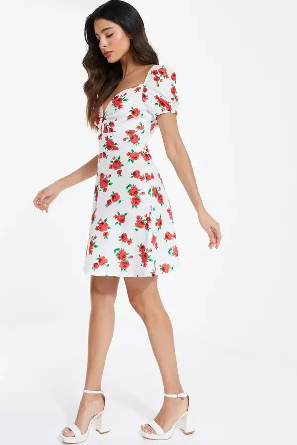 Quiz Clothing Casual Clothing White Rose Print Mini Dress 8211 Women