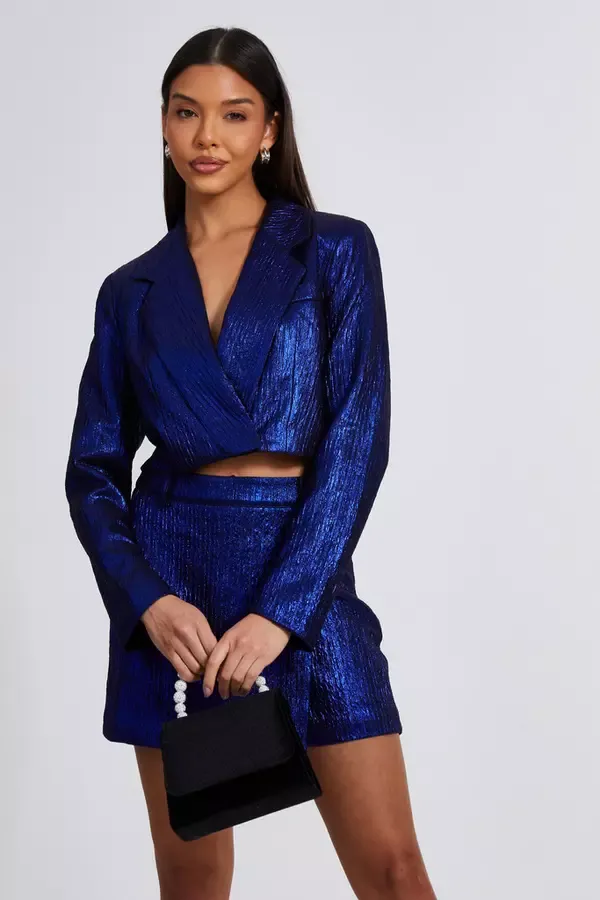 Quiz Clothing CoOrds Blue Metallic Cropped Blazer 8211 Women