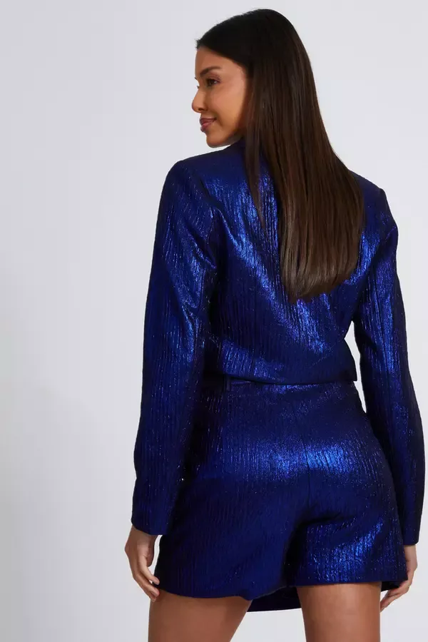 Quiz Clothing CoOrds Blue Metallic Cropped Blazer 8211 Women