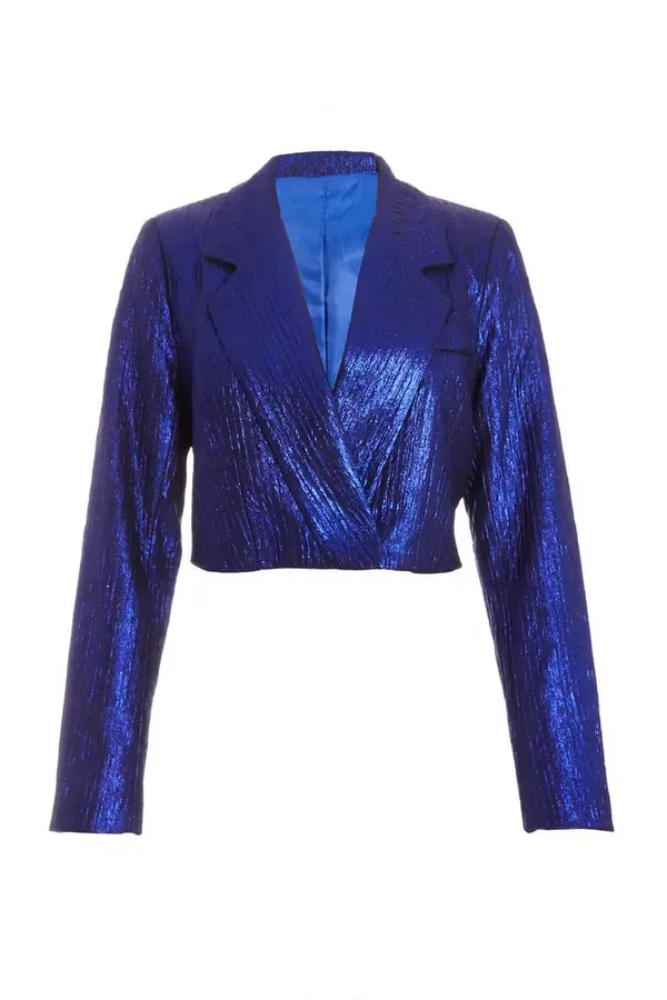 Quiz Clothing CoOrds Blue Metallic Cropped Blazer 8211 Women