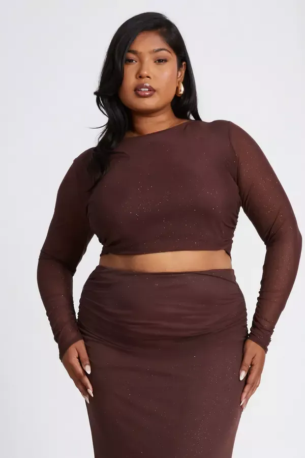 Quiz Clothing CoOrds Curve Brown Glitter Mesh Long Sleeve Top 8211 Women