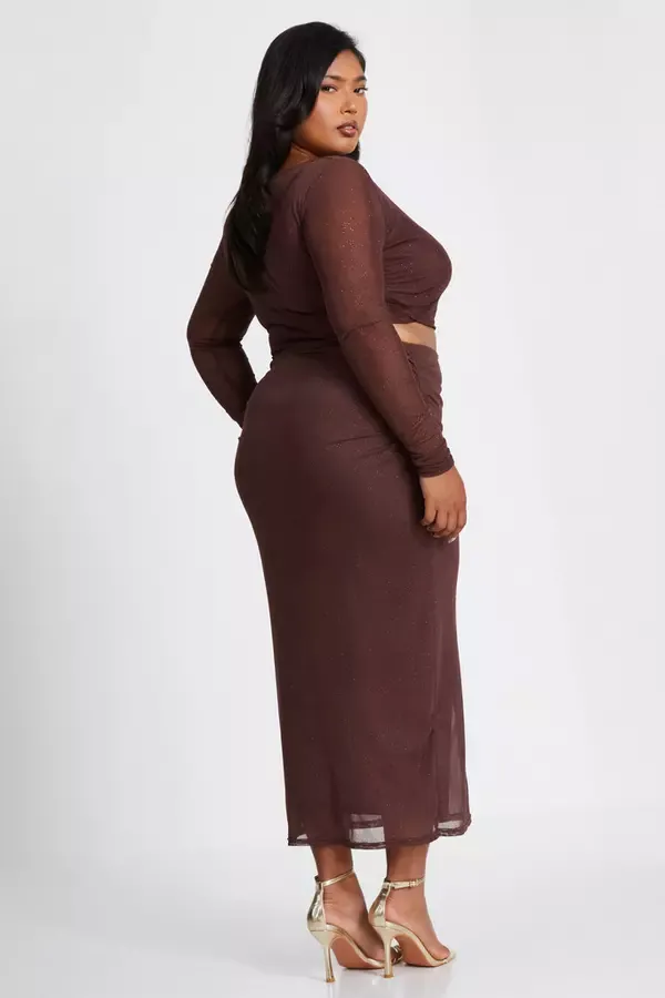 Quiz Clothing CoOrds Curve Brown Glitter Mesh Long Sleeve Top 8211 Women