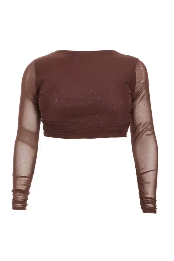 Quiz Clothing CoOrds Curve Brown Glitter Mesh Long Sleeve Top 8211 Women