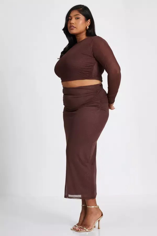 Quiz Clothing CoOrds Curve Brown Glitter Mesh Long Sleeve Top 8211 Women