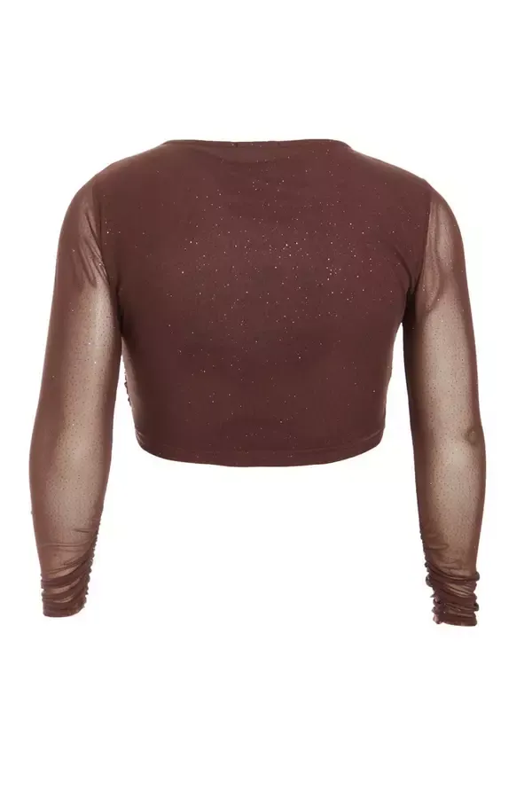 Quiz Clothing CoOrds Curve Brown Glitter Mesh Long Sleeve Top 8211 Women