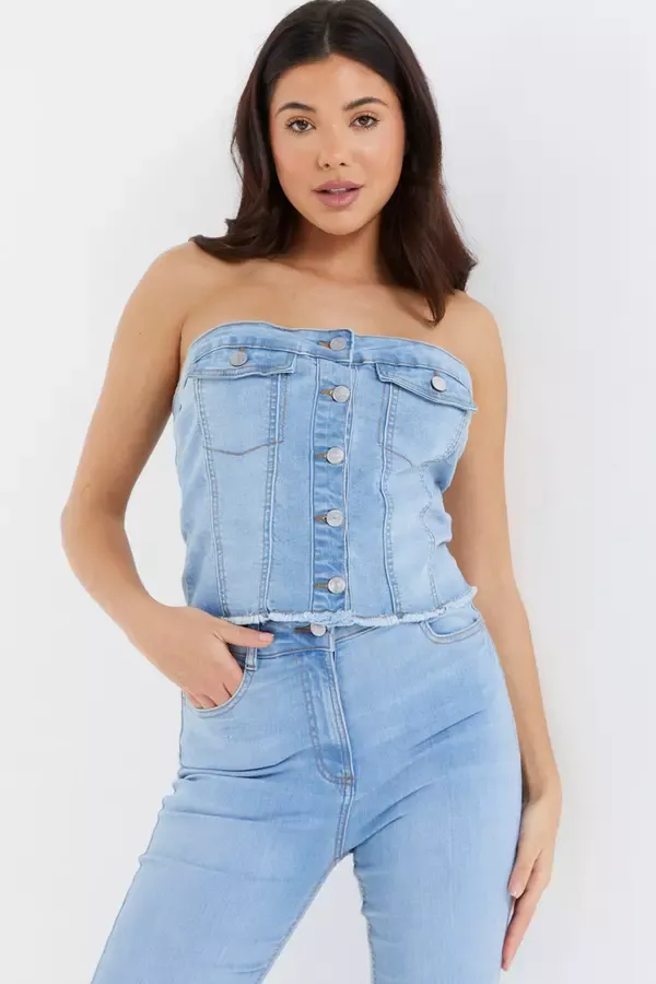 Quiz Clothing CoOrds Light Blue Denim Bandeau Top 8211 Women