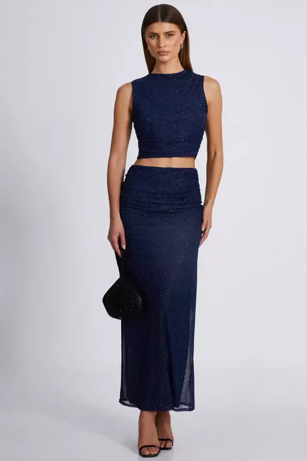 Quiz Clothing CoOrds Navy Glitter Mesh Crop Top 8211 Women