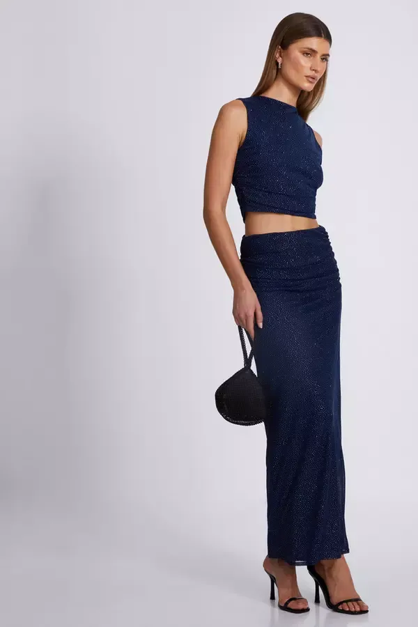 Quiz Clothing CoOrds Navy Glitter Mesh Crop Top 8211 Women