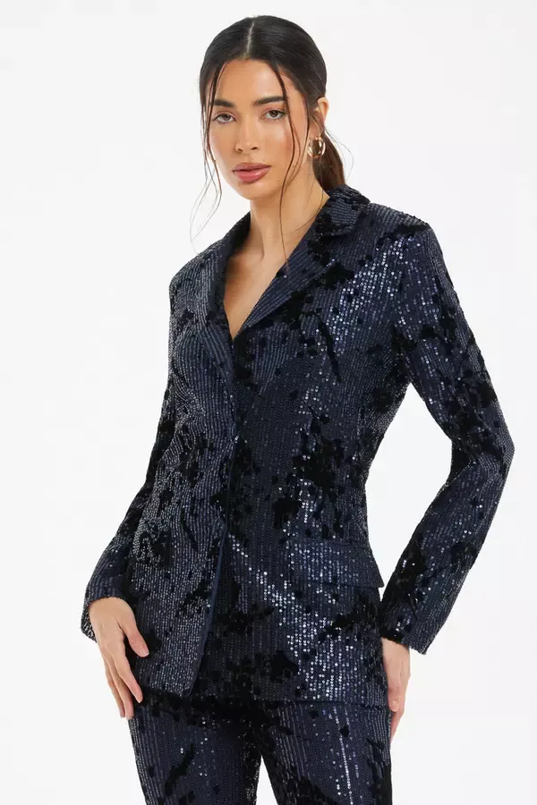 Quiz Clothing CoOrds Navy Sequin Flocked Tailored Blazer 8211 Women