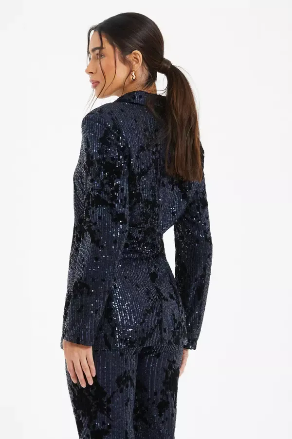 Quiz Clothing CoOrds Navy Sequin Flocked Tailored Blazer 8211 Women