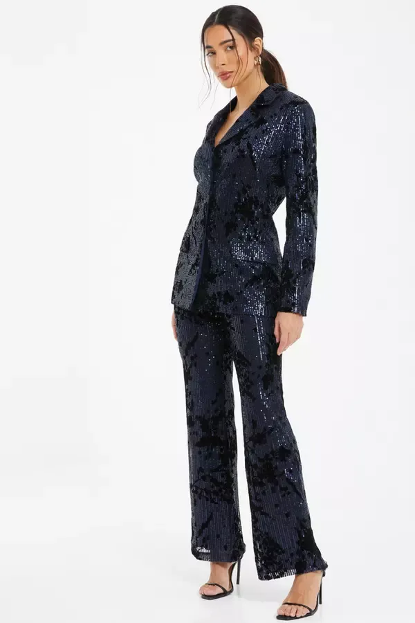 Quiz Clothing CoOrds Navy Sequin Flocked Tailored Blazer 8211 Women
