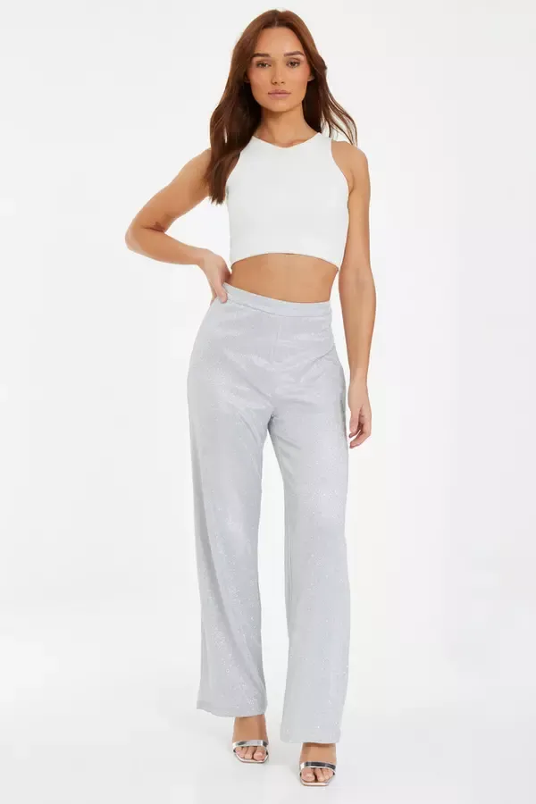 Quiz Clothing CoOrds Silver Glitter Wide Leg Trousers 8211 Women