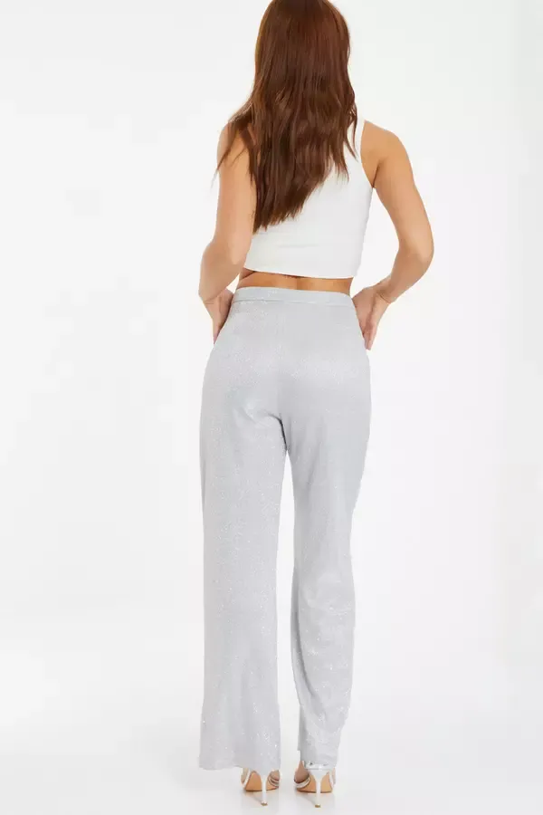 Quiz Clothing CoOrds Silver Glitter Wide Leg Trousers 8211 Women