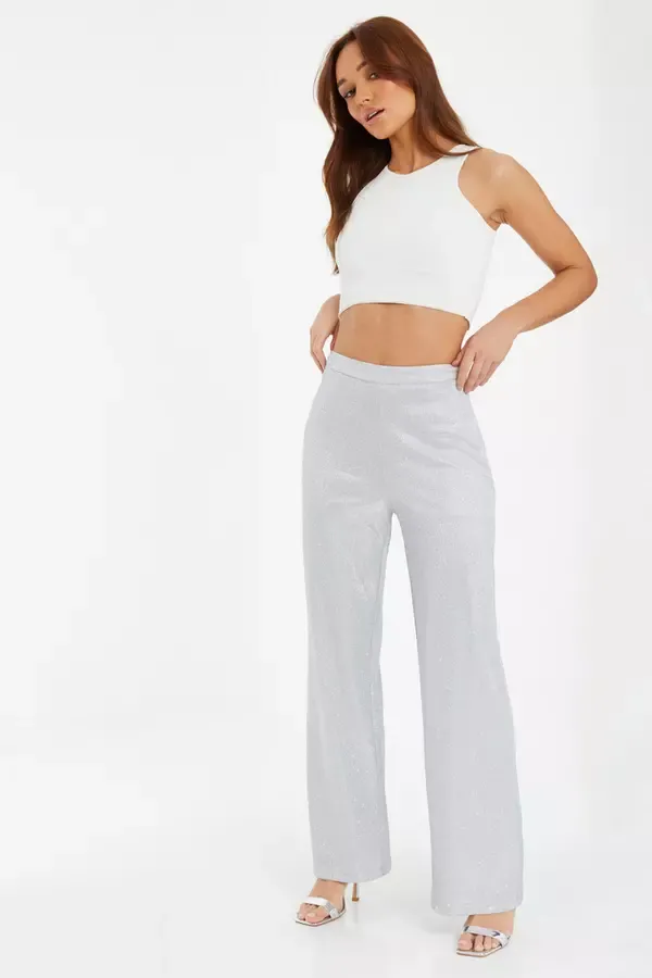Quiz Clothing CoOrds Silver Glitter Wide Leg Trousers 8211 Women