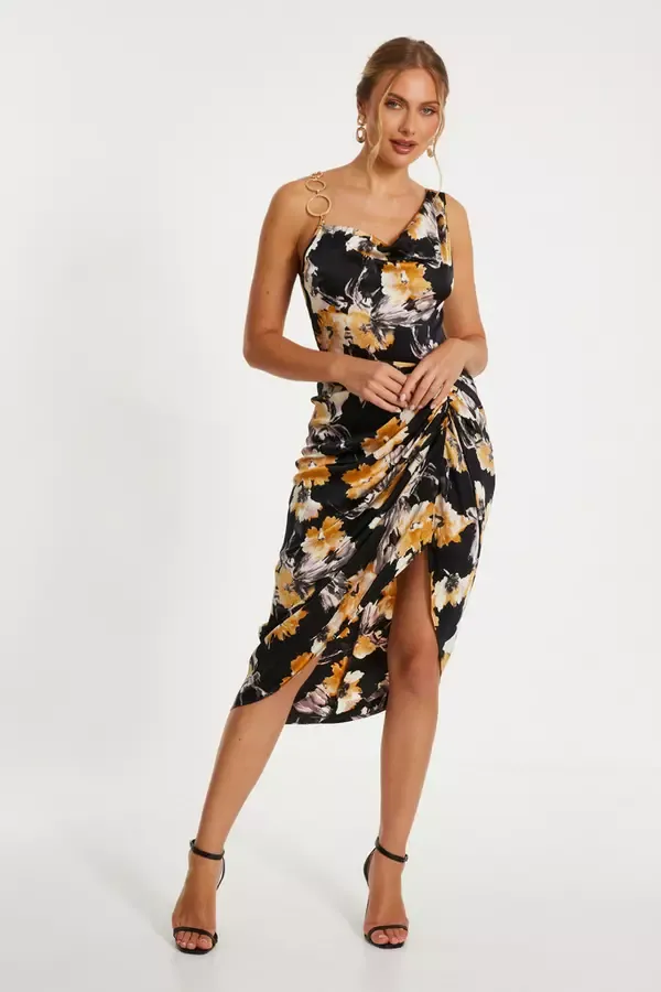 Quiz Clothing Dresses Black Floral Print Satin Ruched Midi Dress 8211 Women