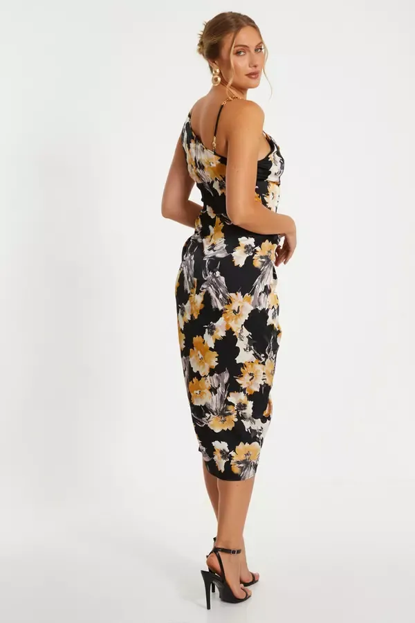 Quiz Clothing Dresses Black Floral Print Satin Ruched Midi Dress 8211 Women