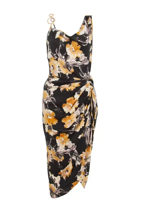 Quiz Clothing Dresses Black Floral Print Satin Ruched Midi Dress 8211 Women