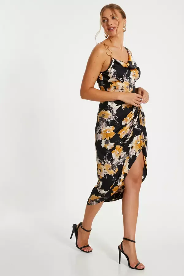 Quiz Clothing Dresses Black Floral Print Satin Ruched Midi Dress 8211 Women