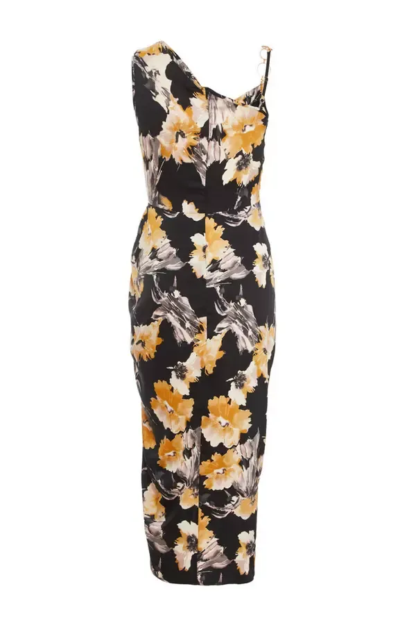 Quiz Clothing Dresses Black Floral Print Satin Ruched Midi Dress 8211 Women