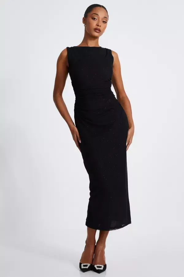 Quiz Clothing Dresses Black Glitter Mesh Midaxi Dress 8211 Women