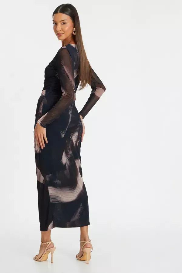 Quiz Clothing Dresses Black Marble Print Mesh Midaxi Dress 8211 Women
