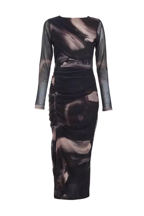 Quiz Clothing Dresses Black Marble Print Mesh Midaxi Dress 8211 Women