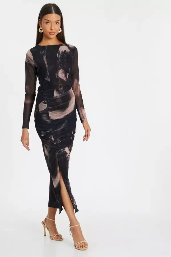 Quiz Clothing Dresses Black Marble Print Mesh Midaxi Dress 8211 Women