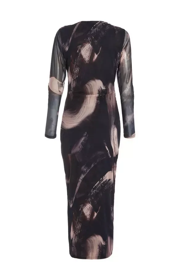 Quiz Clothing Dresses Black Marble Print Mesh Midaxi Dress 8211 Women